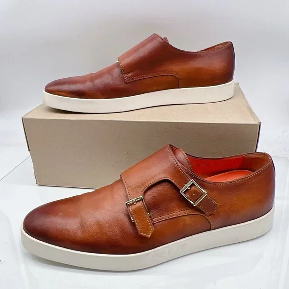 Santoni Mens Bankable Sneaker MonkStrap Double Buckle Brown Leather US 11.5